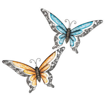 Anna Collection Wanddecoratie vlinders - 2x - blauw/oranje - 49 x 28 cm - metaal - muurdecoratie - Tuinbeelden