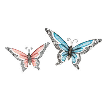 Anna Collection Wanddecoratie vlinders - 2x - blauw/rood - 36 x 21 cm/49 x 28 - metaal - muurdeco - Tuinbeelden