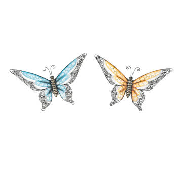 Anna Collection Wanddecoratie vlinders - 2x - blauw/oranje - 36 x 21 cm - metaal - muurdecoratie - Tuinbeelden