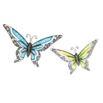 Anna Collection Wanddecoratie vlinders - 2x - blauw/groen - 36 x 21 cm/49 x 28 - metaal - muurdeco - Tuinbeelden