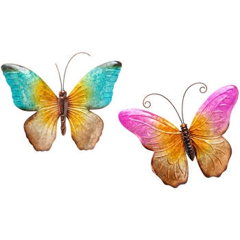 Anna Collection Wanddecoratie vlinders - 2x - blauw/roze - 32 x 24 cm - metaal - muurdecoratie - Tuinbeelden