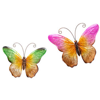 Anna Collection Wanddecoratie vlinders - 2x - groen/roze - 32 x 24 cm/44 x 32 - metaal - muurdeco - Tuinbeelden
