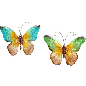 Anna Collection Wanddecoratie vlinders - 2x - groen/blauw - 32 x 24 cm - metaal - muurdecoratie - Tuinbeelden