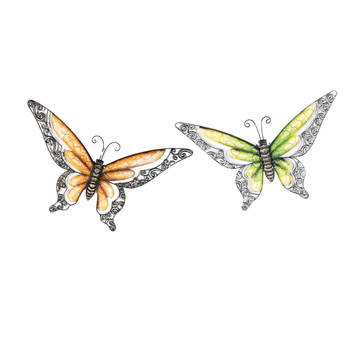 Anna Collection Wanddecoratie vlinders - 2x - groen/oranje - 36 x 21 cm/49 x 28 - metaal - muurdeco - Tuinbeelden