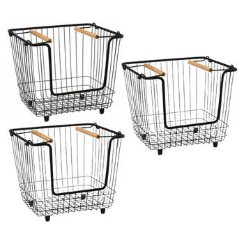 5Five Draagmand/opbergmand met handvat - 3x - stapelbaar - zwart - 33 x 26 x 26 cm - Keukenkastorganizer