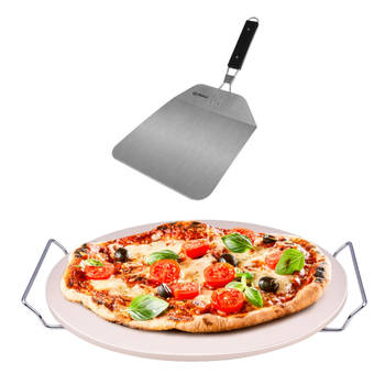 Pizzasteen BBQ/oven rond keramiek 33 cm met handvaten en inklapbare RVS pizzaschep 25 cm - Pizzaplaten
