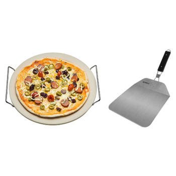 Keramische pizzasteen rond 33 cm met handvaten en inklapbare RVS pizzaschep 25 cm - Pizzaplaten