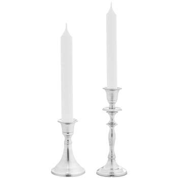 Giftdecor Kaarsen kandelaars set 2x stuks - metaal - voor dinerkaarsen - zilver - H11/H20 cm - kaars kandelaars