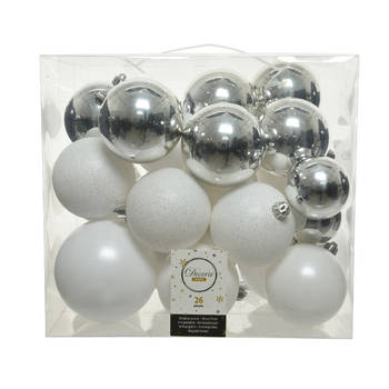 Decoris Kerstballen - 26x st - wit en zilver - 6, 8 en 10 cm - kunststof - Kerstbal