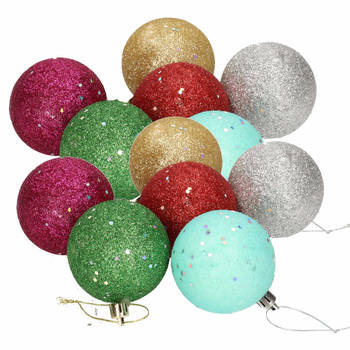 12x Gekleurde onbreekbare kerstballen met glitters 6 cm - Kerstbal