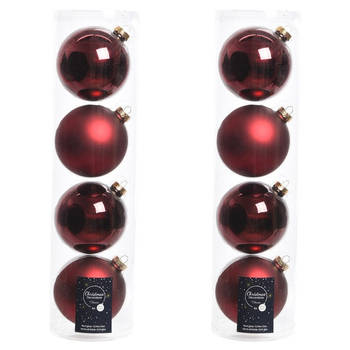 Tubes met 8x donkerrode kerstballen van glas 10 cm glans en mat - Kerstbal