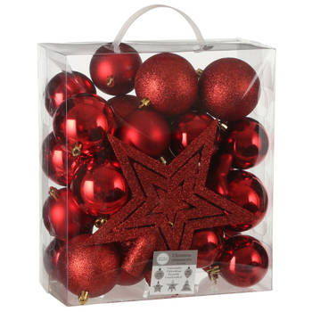 39x stuks kunststof kerstballen en kerstornamenten met ster piek rood mix - Kerstbal