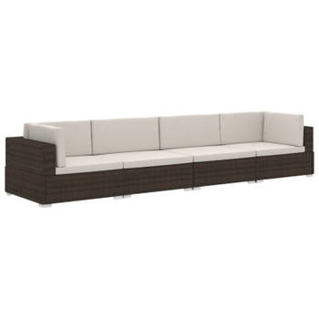 vidaXL 4-delige Loungeset met kussens poly rattan bruin