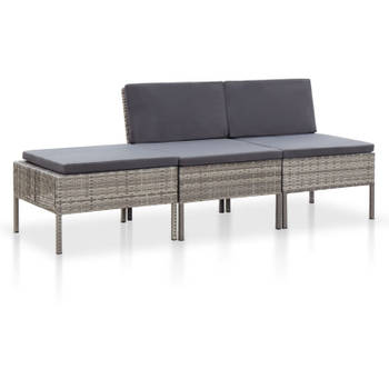 vidaXL 3-delige Loungeset met kussens poly rattan grijs