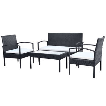 vidaXL 4-delige Loungeset met kussens poly rattan zwart