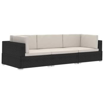 vidaXL 3-delige Loungeset met kussens poly rattan zwart