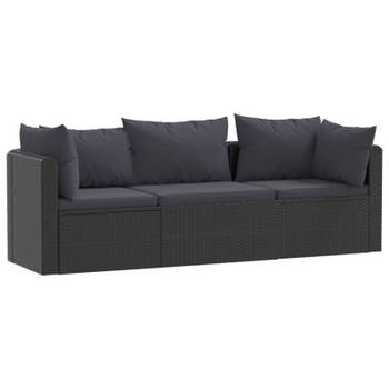 vidaXL 3-delige Loungeset met kussens poly rattan zwart