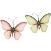 Anna Collection Wanddecoratie vlinders - 2x - groen/roze - 32 x 24 cm - metaal - muurdecoratie - Tuinbeelden