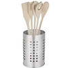 5Five Keukengerei kooklepels spatels set 5-delig - bamboe - in zilver rvs houder van 17 cm - Keukenspatels