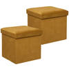 Atmosphera Poef/krukje/hocker Amber - 2x - Opvouwbare opslag box - fluweel Okergeel - D38 x H38 cm - Poefs