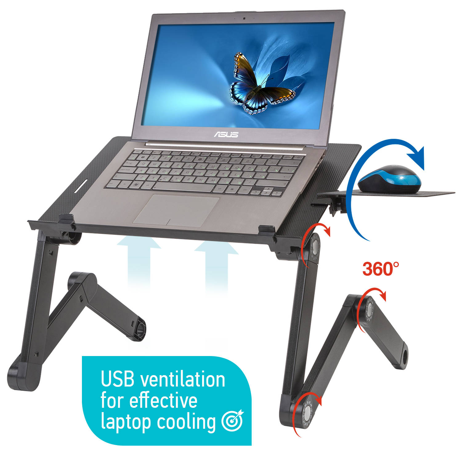 WonderWorker EINSTEIN Laptopstandaard, inklapbaar, in hoogte verstelbaar, laptopstandaard voor bed, muisplank, 2 USB-ventilatoren, aluminium, zwart
