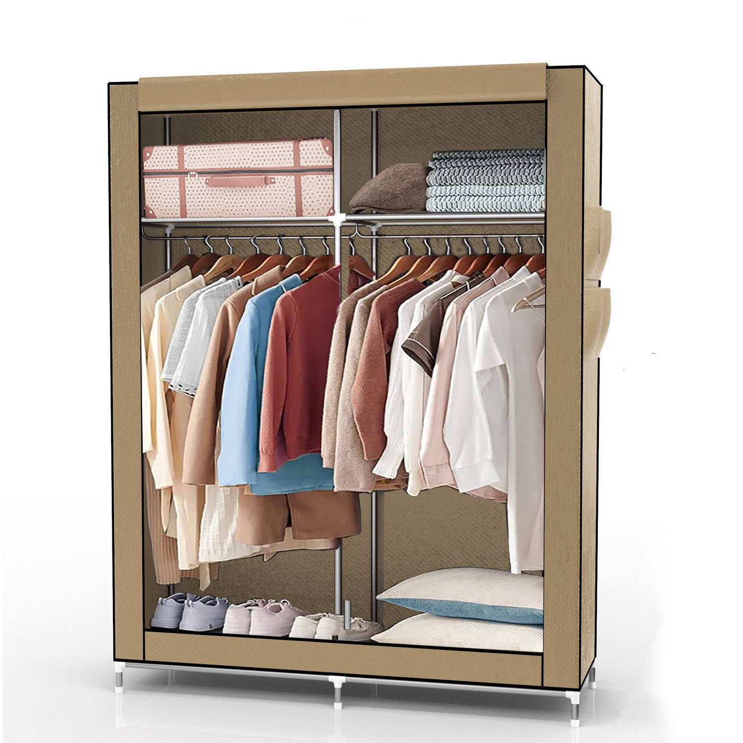 INTIRILIFE Vouwkast 108x170x45 cm in crème beige - met ritssluiting stoffen kast kledingkast met kledingstang, vakken en zijzak - camping steekkast textiel garderobe