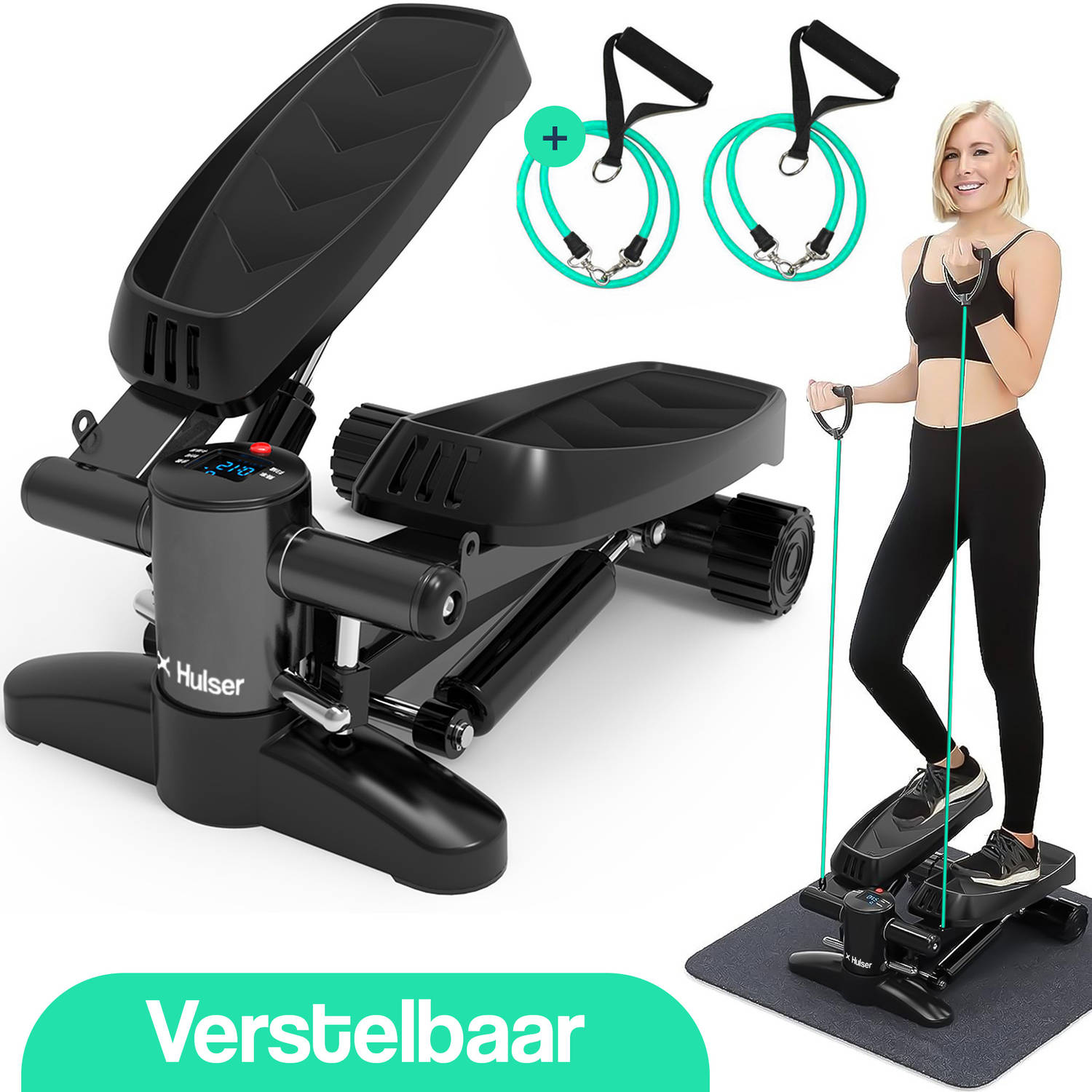 Hulser Stepper met display - Verstelbare weerstand - Met weerstandsbanden - Home gym fitnessapparaat - Thuis sporten - Twist fitness - Swing - Mini cardio home trainer