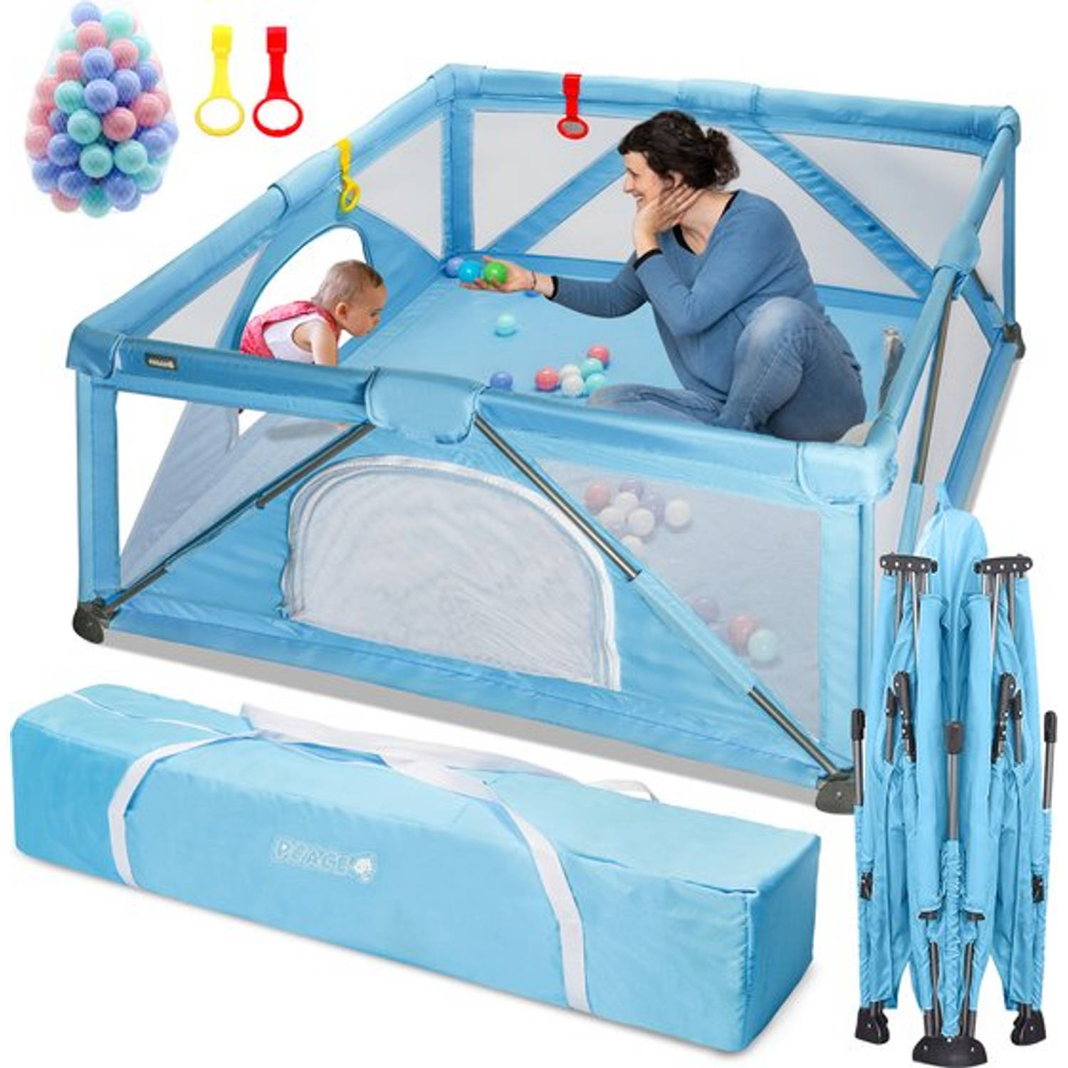 PEACE Uitvouwbare Grondbox 150x150cm Playpen Babybox Speelbox met 50x Oceaan Ballen + Handringen