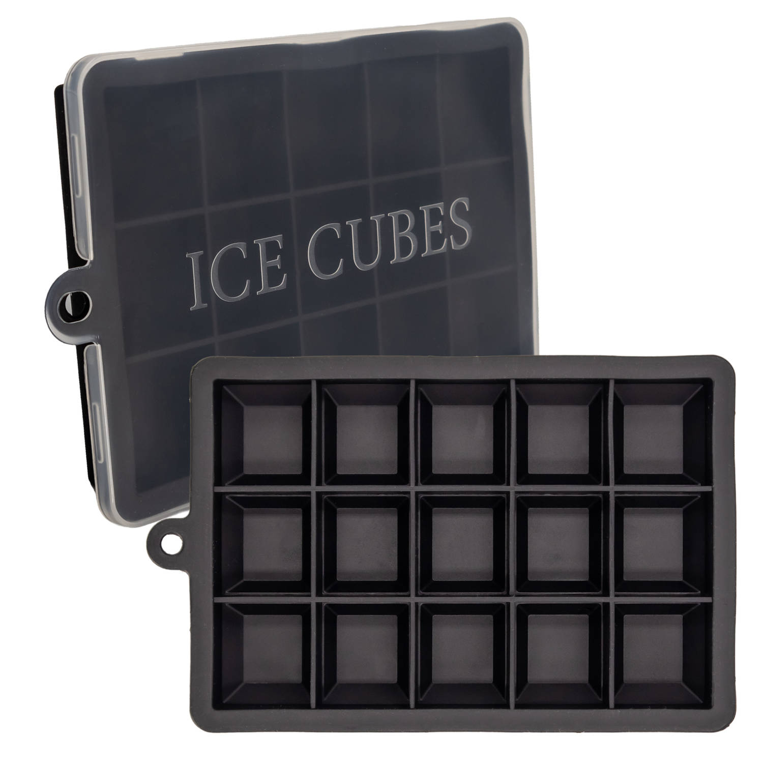 INTIRILIFE 2 x ijsblokjesvormen in zwart, set van 2 à 15 vakken, siliconen vormen met deksel, flexibele ijsblokjeshouder, afsluitbaar voor ijs, babyvoeding en meer