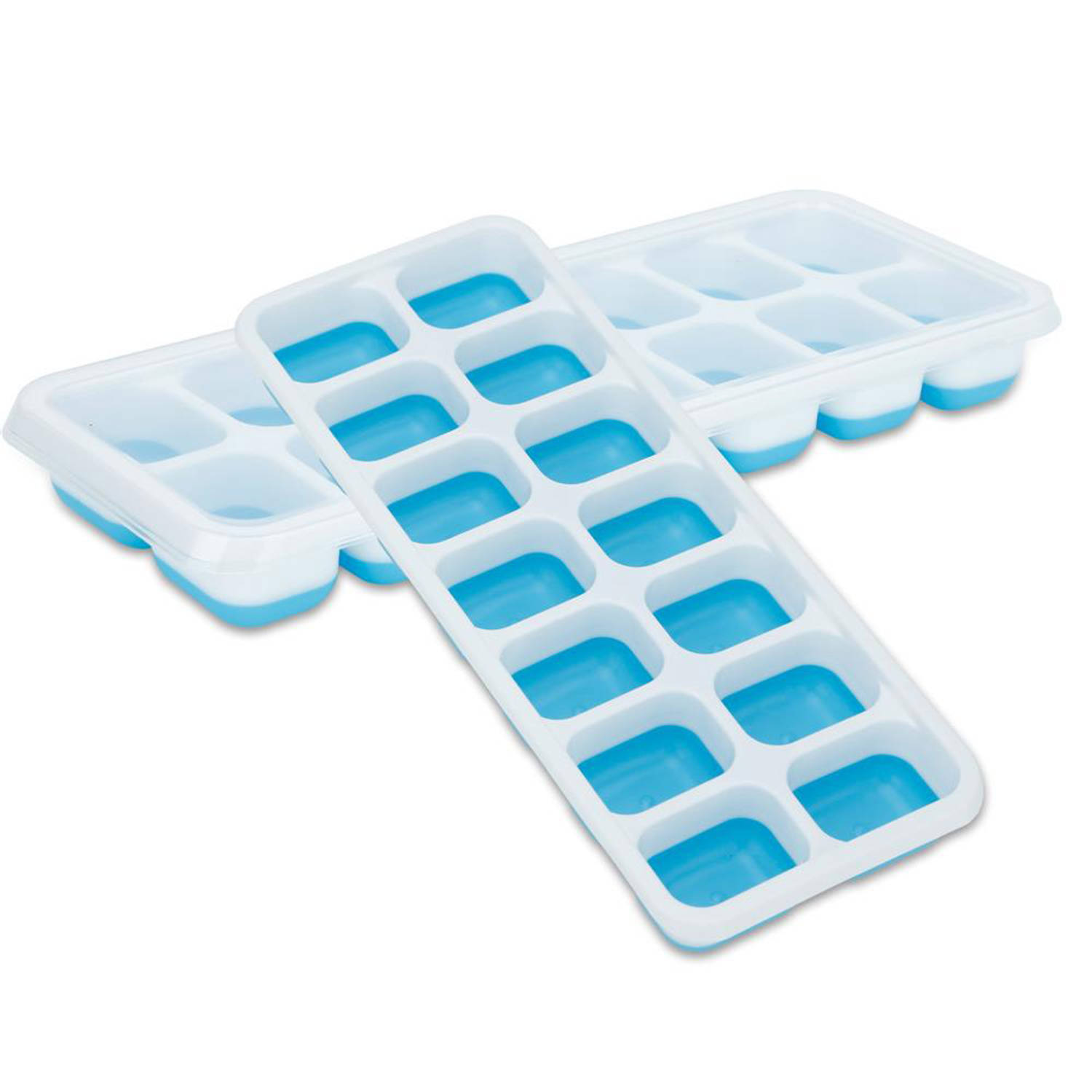 INTIRILIFE IJsblokjesvormen in blauw, set van 4 à 14 vakken, ijsblokjesvormen met deksel, afsluitbaar en stapelbaar, met flexibele bodem