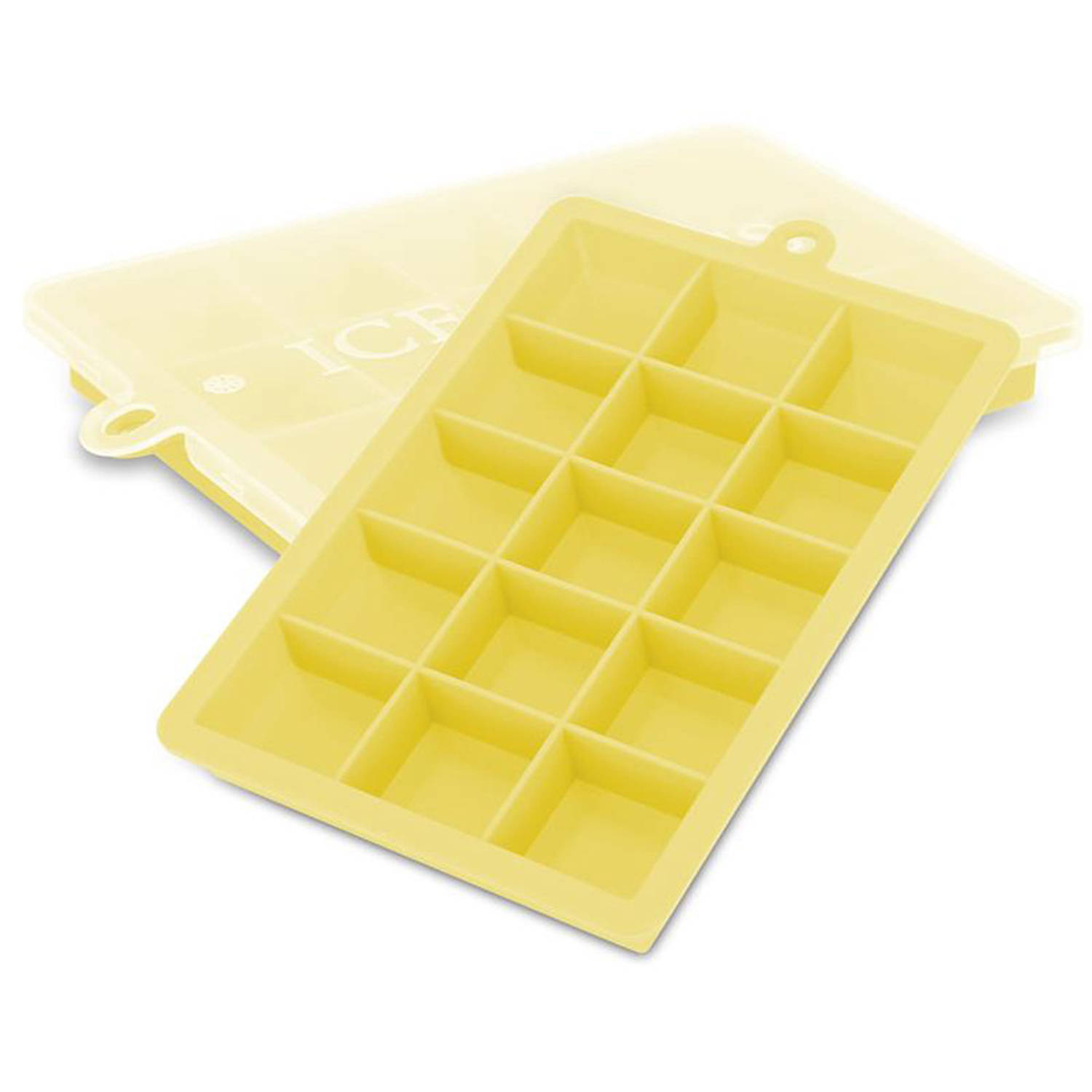 INTIRILIFE 2 x ijsblokjesvormen in geel, set van 2 à 15 vakken, siliconen vormen met deksel, flexibele ijsblokjeshouder, afsluitbaar voor ijs, babyvoeding en meer