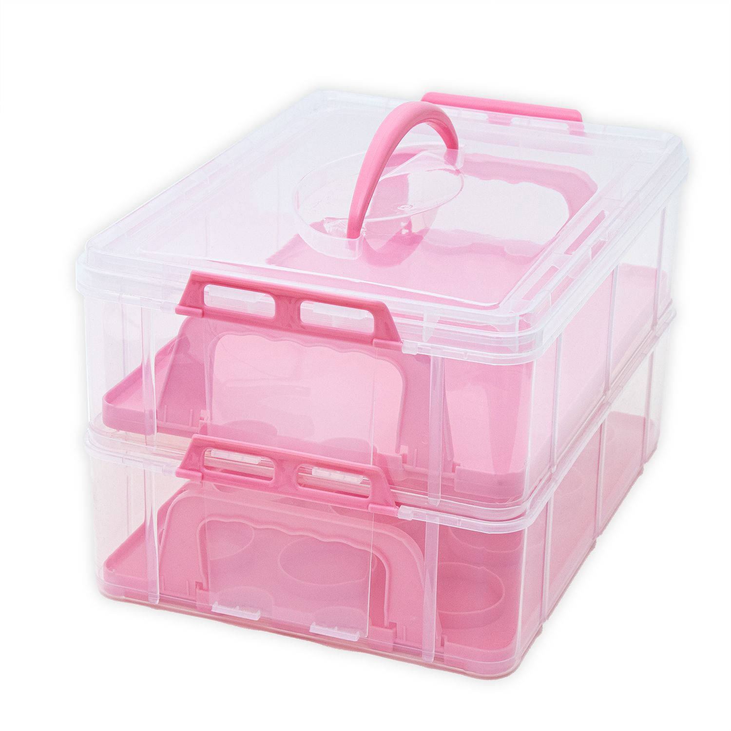 Intirilife transportbox container voor taarten en cupcakes 2 niveaus van kunststof in roze - 36,1 x 26,1 x 21,2 cm