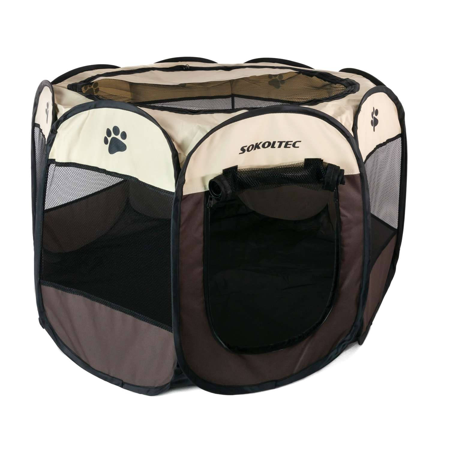 Intirilife Praktische dierenbox 77 x 58 cm Oxford stoffen speeltent in Bruin met pootjes - Voor honden katten of konijnen om te vervoeren spelen en rusten