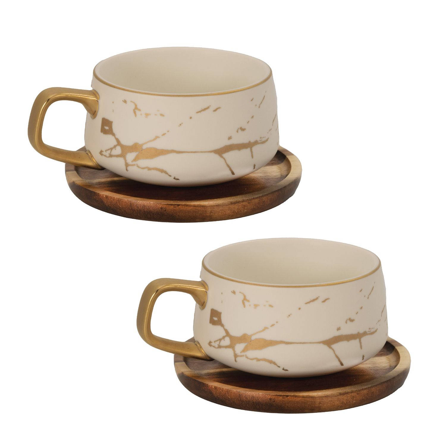 Intirilife 2x kop keramiek met marmerdesign in wit - ongeveer 200 ml - koffiemok, theemok met houten onderzetter kopje