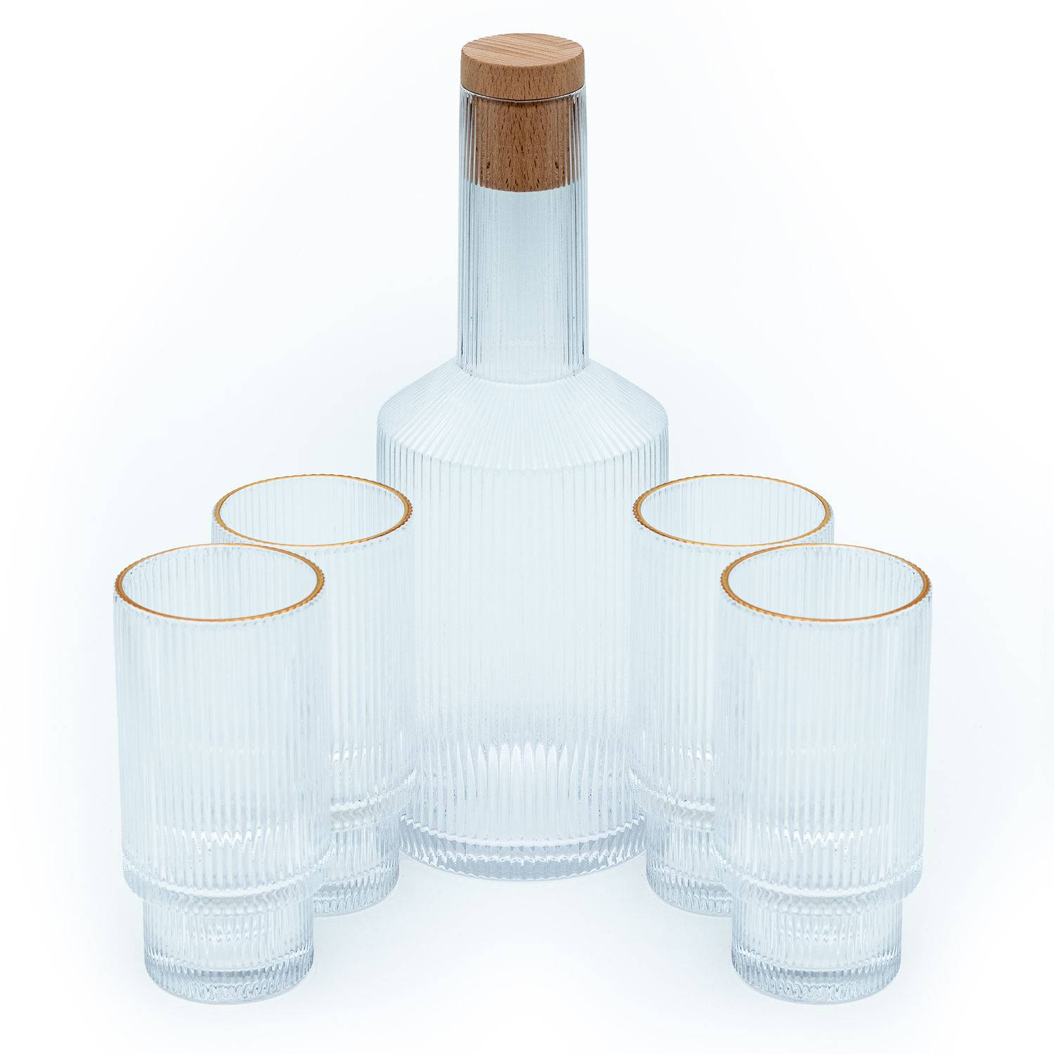 Intirilife glazen karaf set karaf met kurk en 4 glazen met gouden rand - karaf inhoud 1,7 liter - glazen inhoud 260 ml
