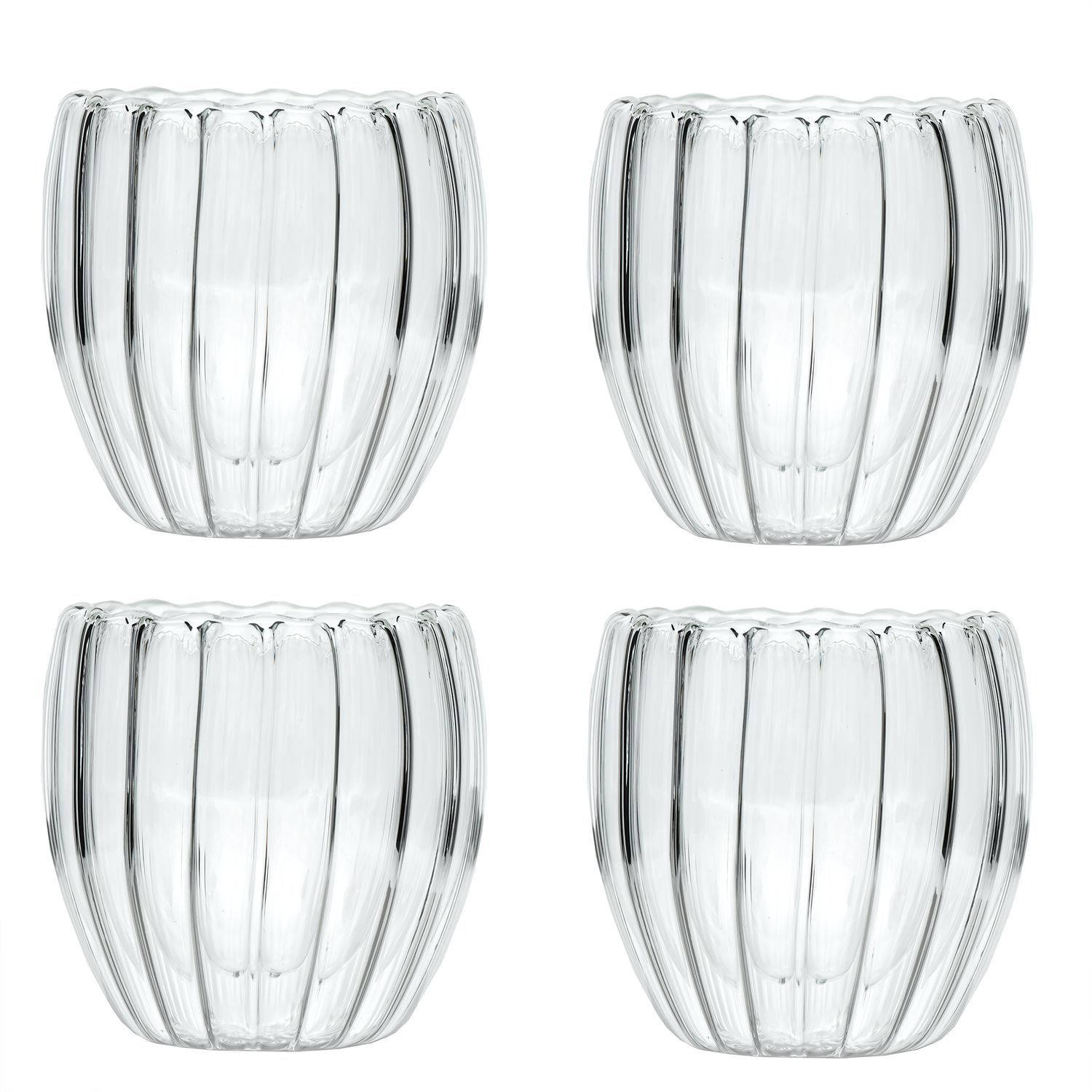 Intirilife 4x Dubbelwandig thermoglas - Gestreepte stijl - 190ml inhoud - Mondgeblazen geïsoleerd voor latte macchiato, als theeglas of koffieglas met handvat