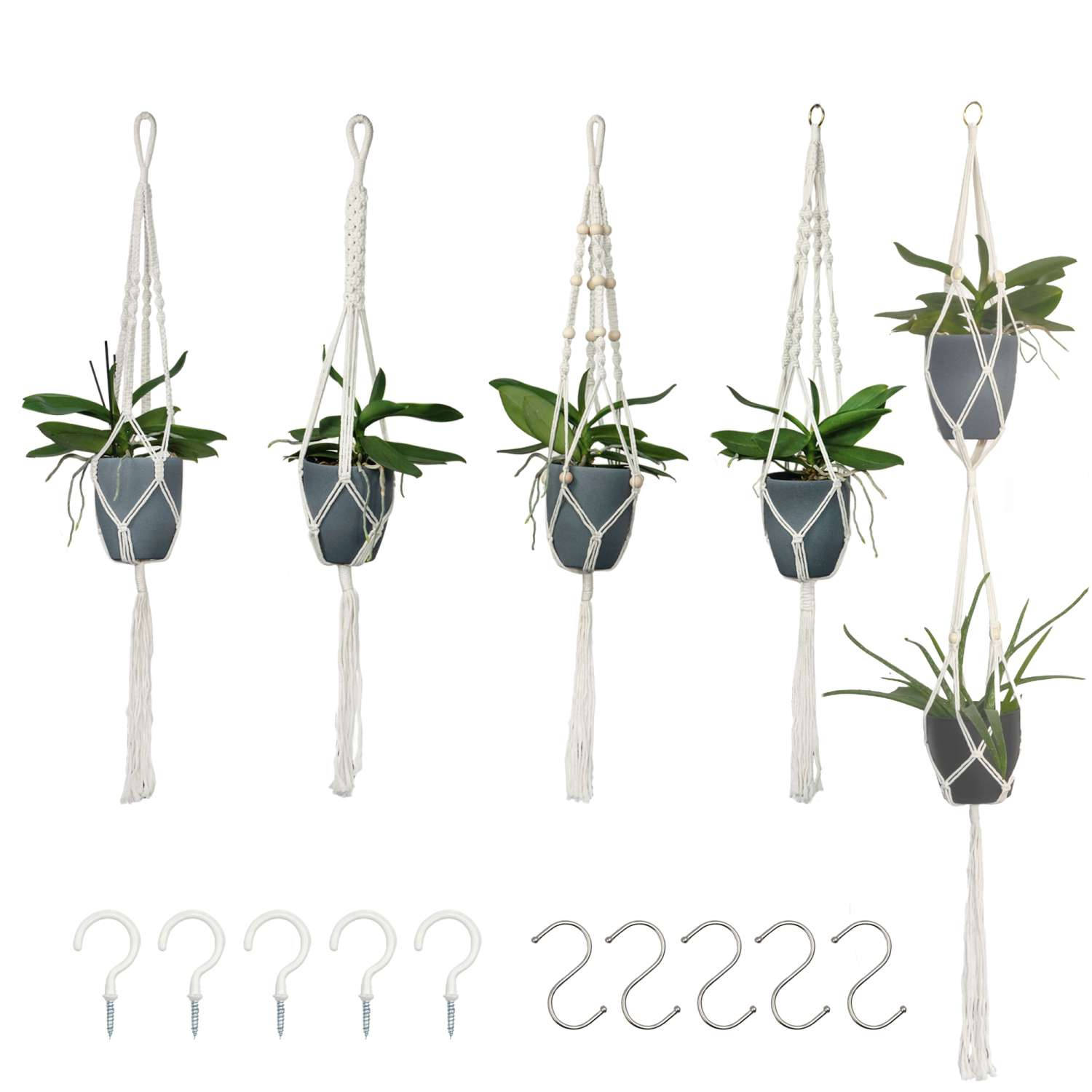 Intirilife Set van 5 Macrame hangende Bloempotten in Wit met ophangsysteem - Plantenhanger, plantenhouder gemaakt van katoenen touwen met bijpassende haken om op te hangen