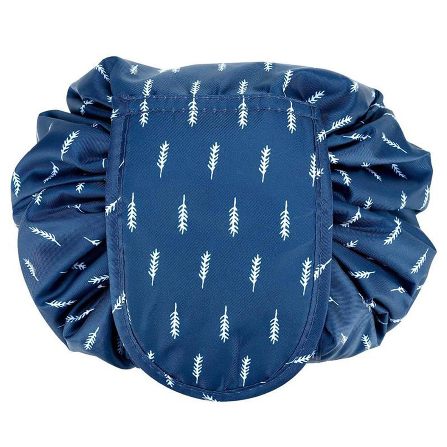 Intirilife Make-uptas in blauw en wit veren: ronde One Step toilettas met trekkoord om in elkaar te trekken, met 2 binnenvakken met ritssluiting, ideaal voor op reis, voor het opbe