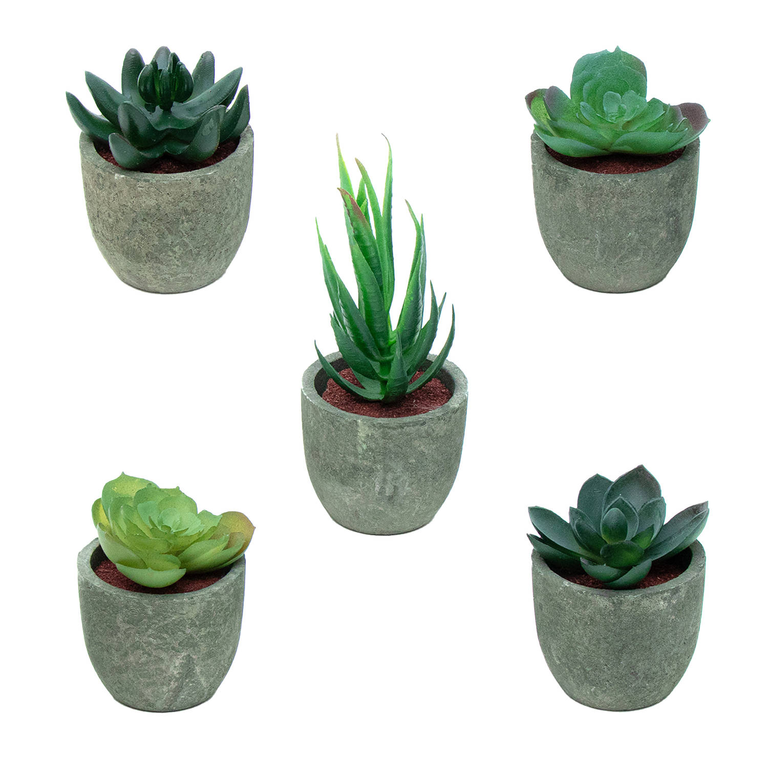 Intirilife kunstplant 5 stuks kleine kunstplanten in grijze pot - diameter 6,5 cm - hoogte 7 cm en 15 cm - potplanten kunstplanten decoratie voor woonkamer keuken slaapkamer