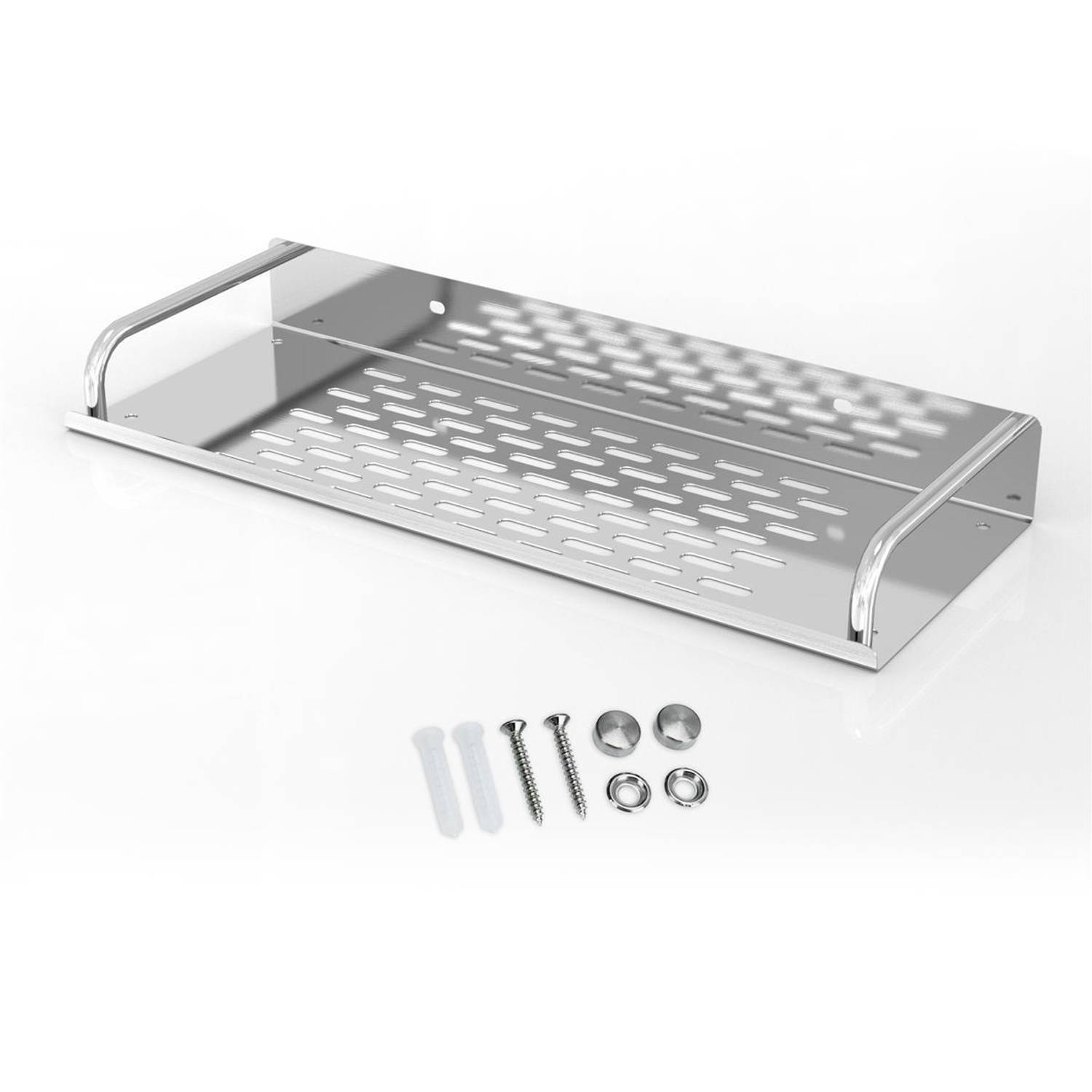 Intirilife doucheplank van roestvrij staal met 60 x 13 cm - douchemand doucheplank badkamerplank met praktische afvoerkanalen voor badkamer en keuken