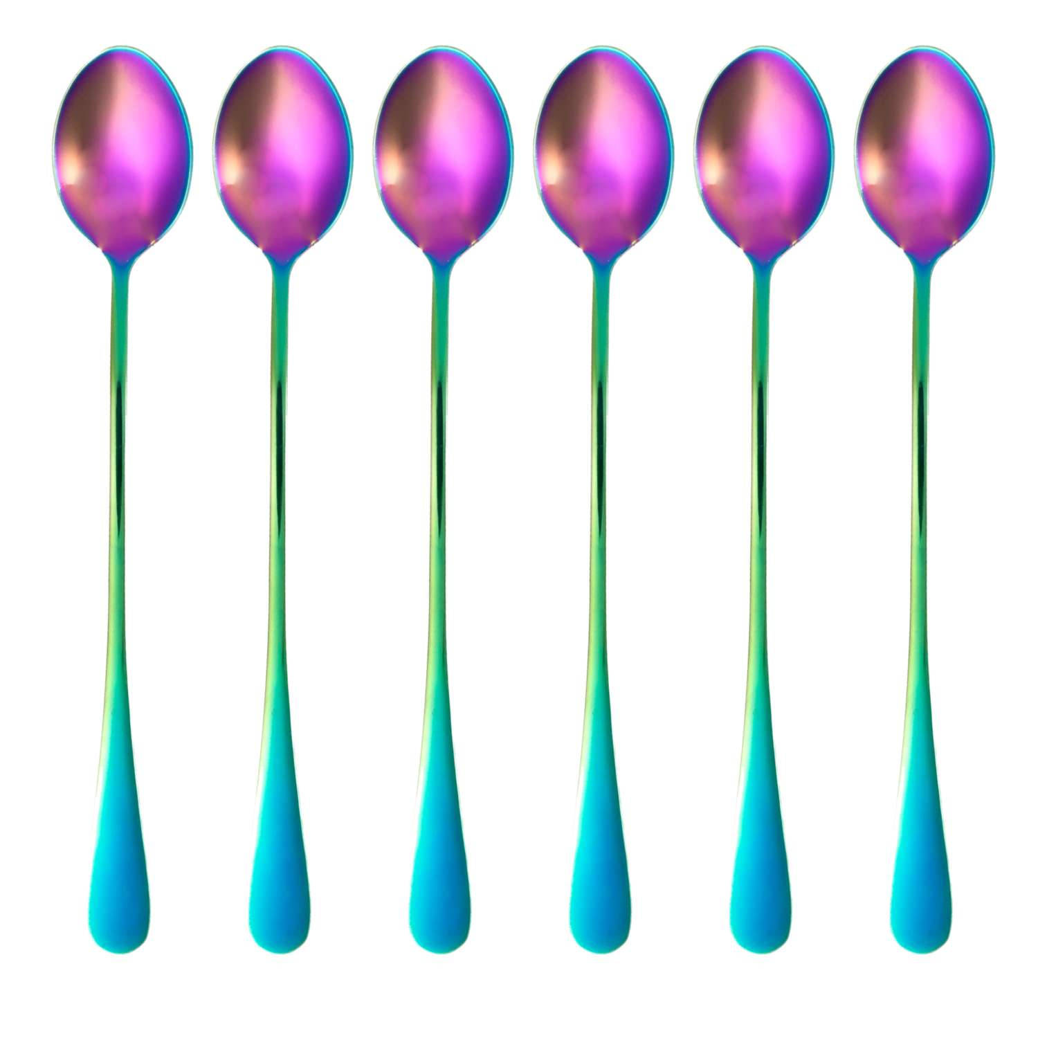 Intirilife Set van 6 lepels van roestvrij staal in Regenboogkleuren - Lengte 19 cm - Ijslepel met lange steel, dessertlepel voor koffie Latte Macchiato, longdrinks, ijsthee