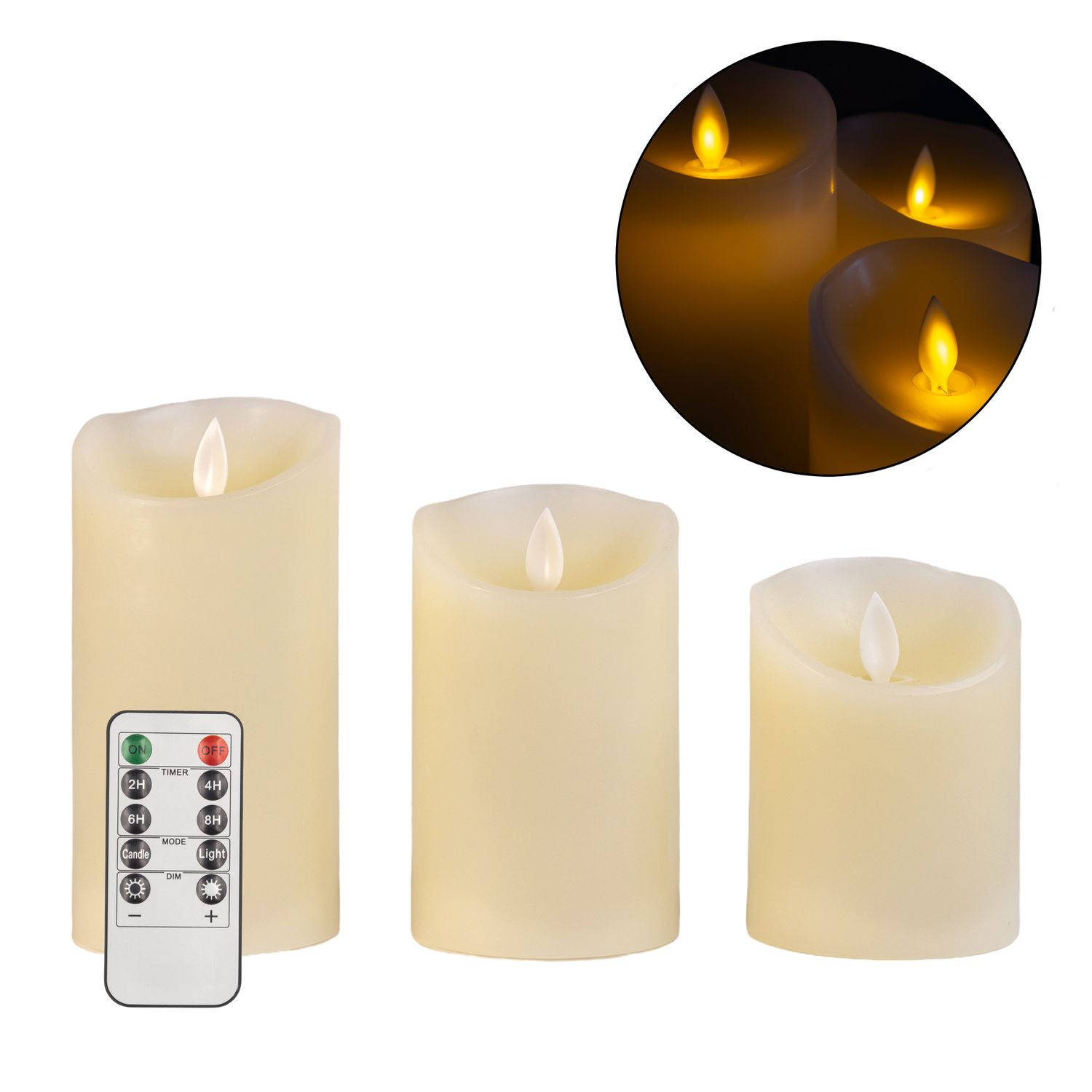 Intirilife 3x kaarsen vlamloze led kaarsen van was in wit - 7,5 x 15 / 12,5 / 10 cm - zuilkaars met afstandsbediening