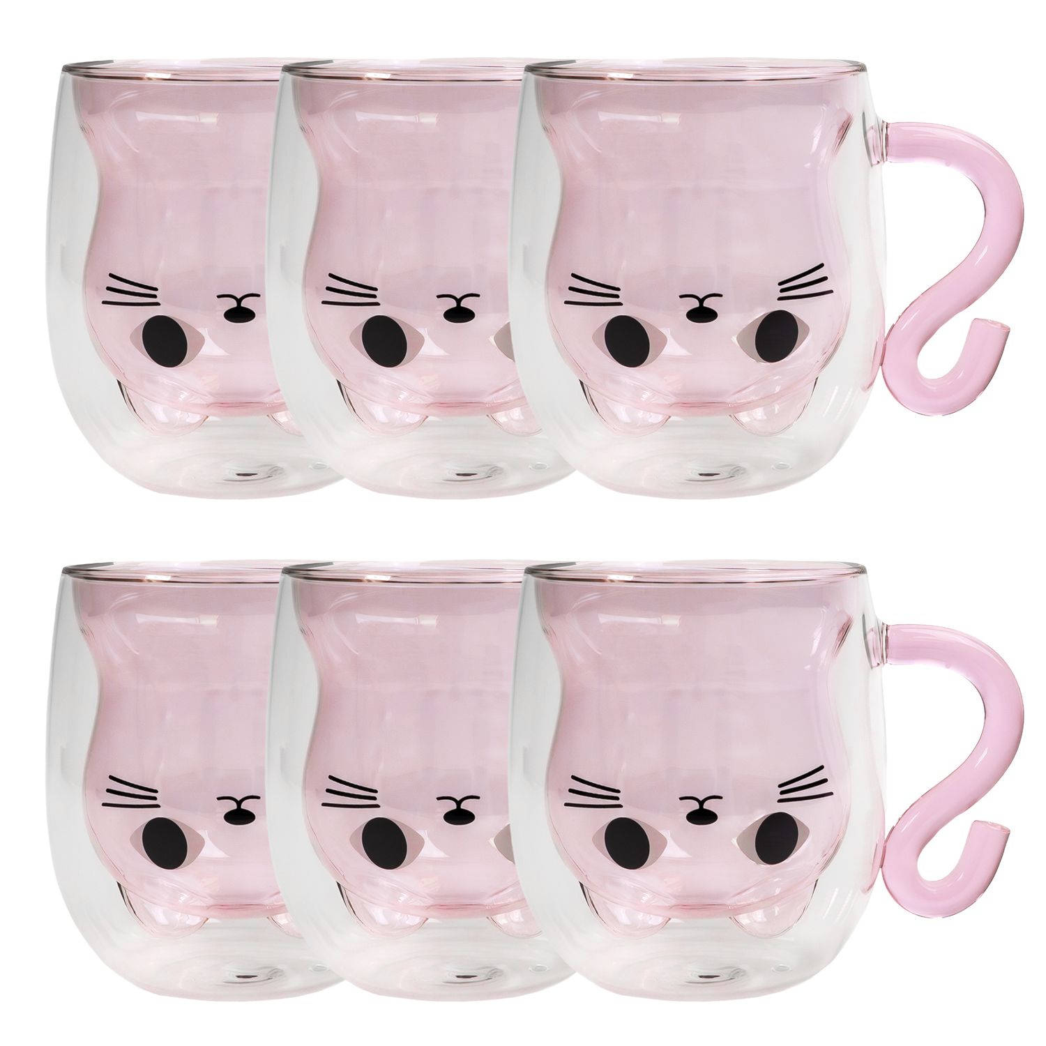 Intirilife 6x dubbelwandig thermo thee koffie glas met design kat in roze - 200ml inhoud - geïsoleerde glazen mok