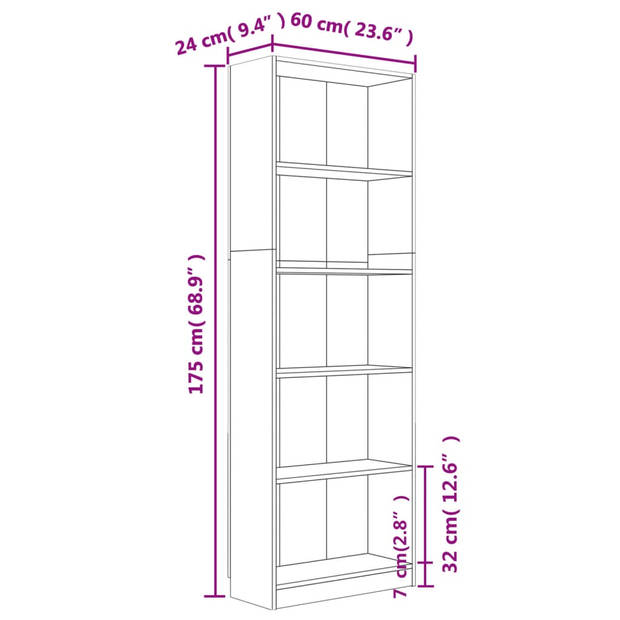 vidaXL Boekenkast 60x24x175 cm bewerkt hout bruin eikenkleur