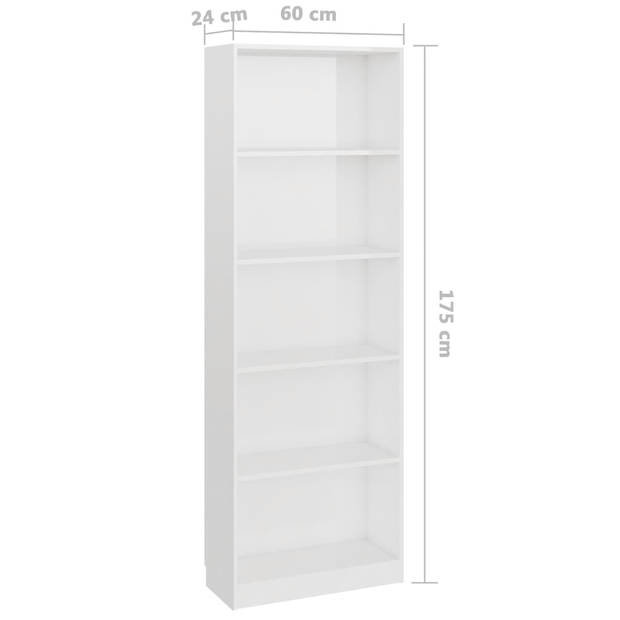 vidaXL Boekenkast 5 schappen 60x24x175 cm bewerkt hout hoogglans wit