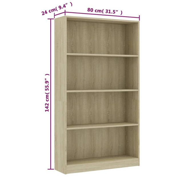 vidaXL Boekenkast met 4 schappen 80x24x142 cm bewerkt hout sonoma eik