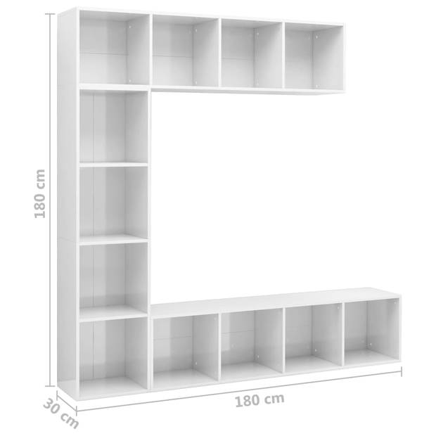 vidaXL 3-delige Boekenkast-/tv-meubelset 180x30x180 cm hoogglans wit