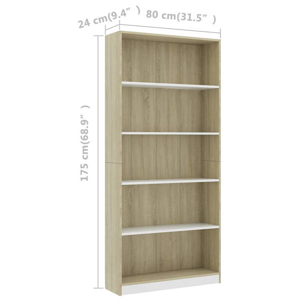 vidaXL Boekenkast met 5 schappen 80x24x175cm bewerkt hout wit en eiken