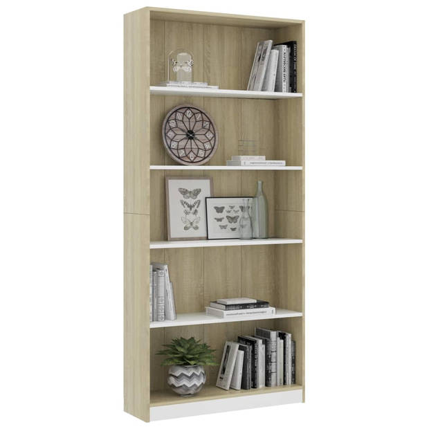 vidaXL Boekenkast met 5 schappen 80x24x175cm bewerkt hout wit en eiken