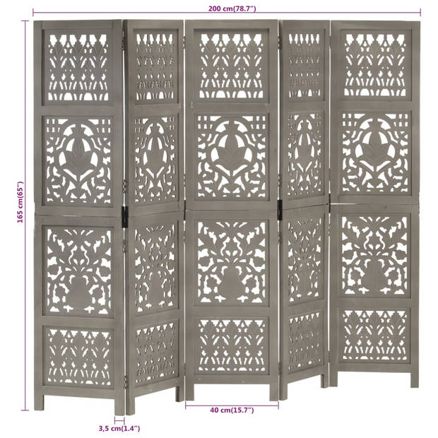 vidaXL Kamerscherm 5 panelen handgesneden 200x165 cm mangohout grijs